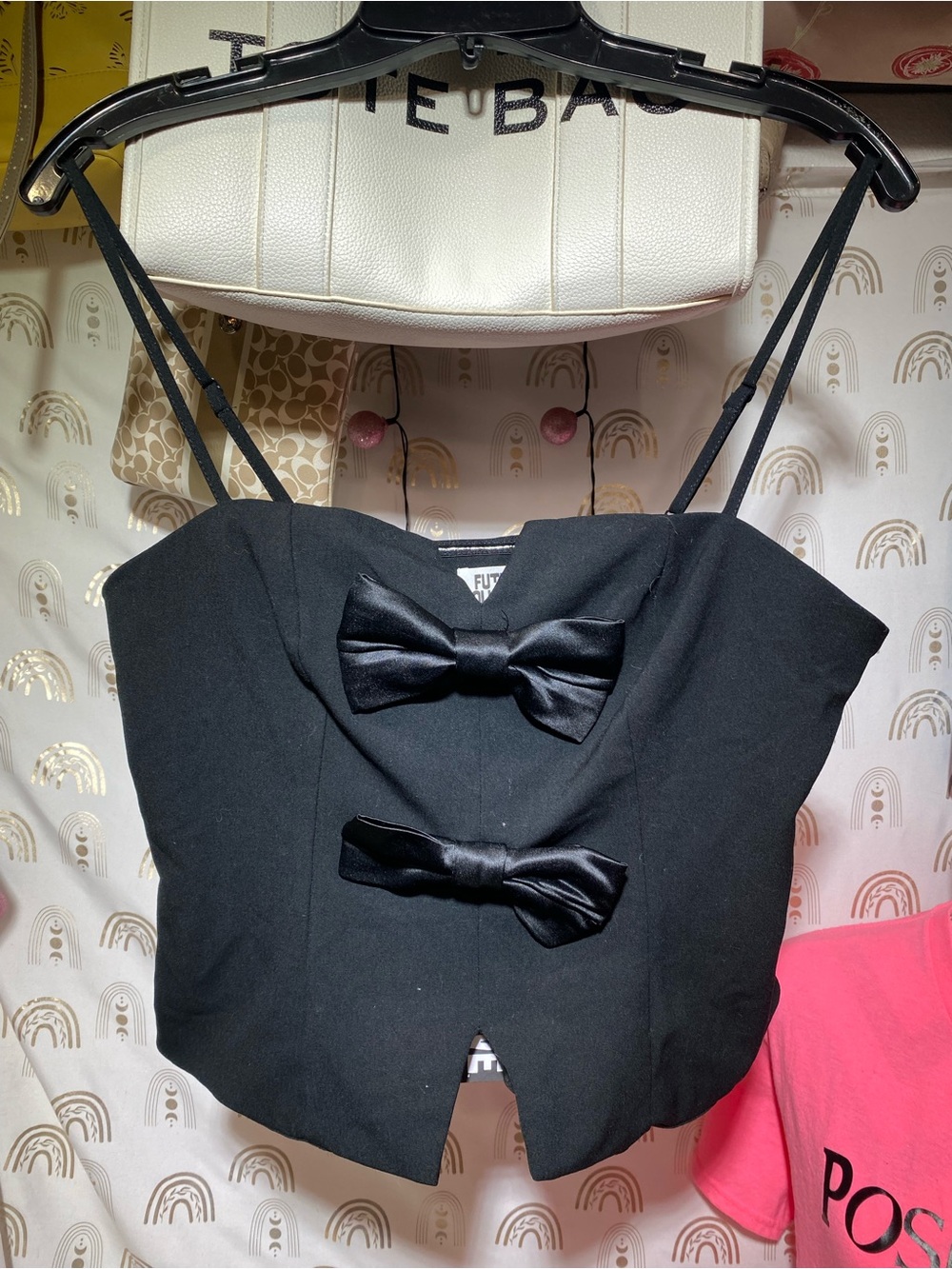 Black Bow-Detail Crop Cami Top - Futuristic Style